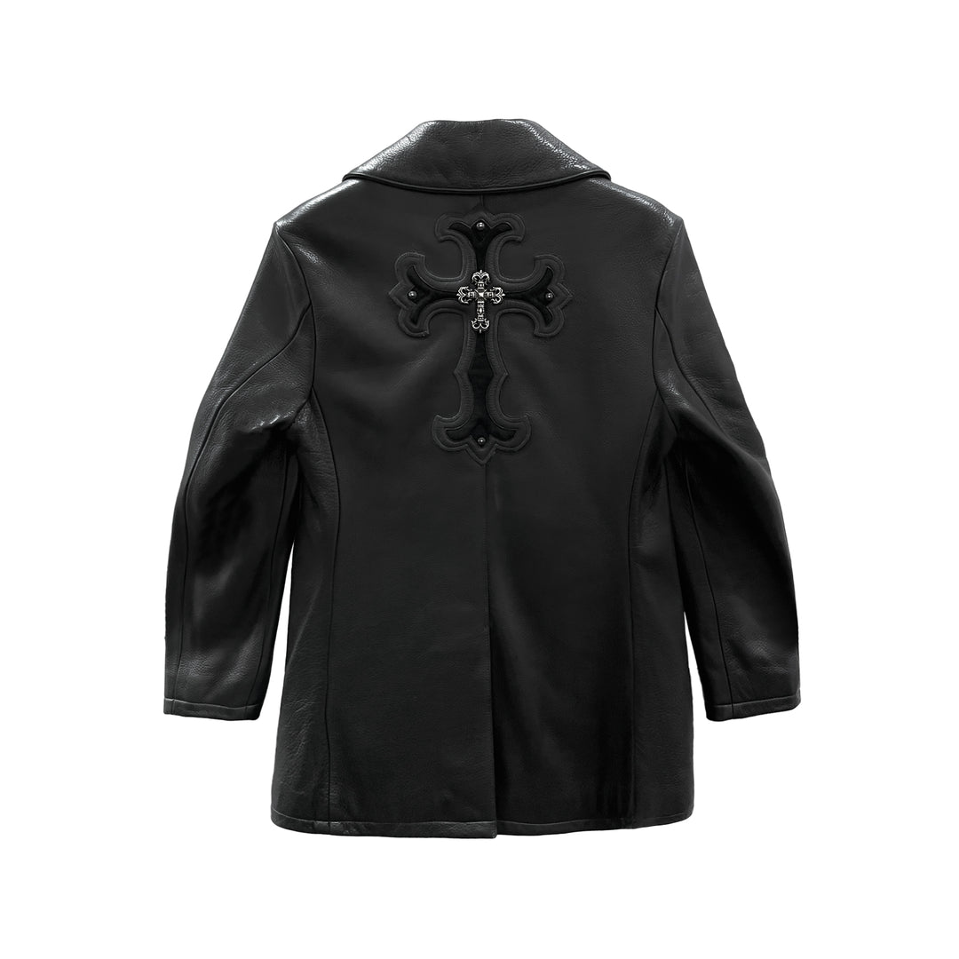 Chrome Hearts Silver Filigree Cross Patch Double Breasted Black Leather Jacket