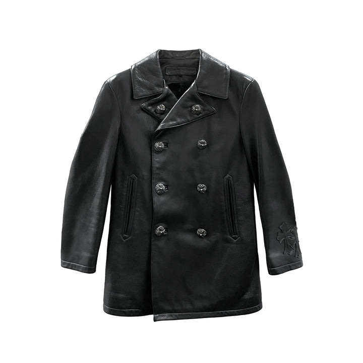 Chrome Hearts Silver Filigree Cross Patch Double Breasted Black Leather Jacket