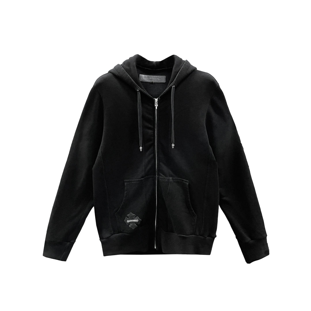 Chrome Hearts Cross Leather Patch Floral Sleeve Zip Up Hoodie