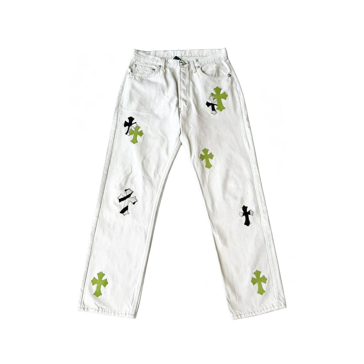 Chrome Hearts Levi's 501 Green&Zebra Cross Patch White Jeans