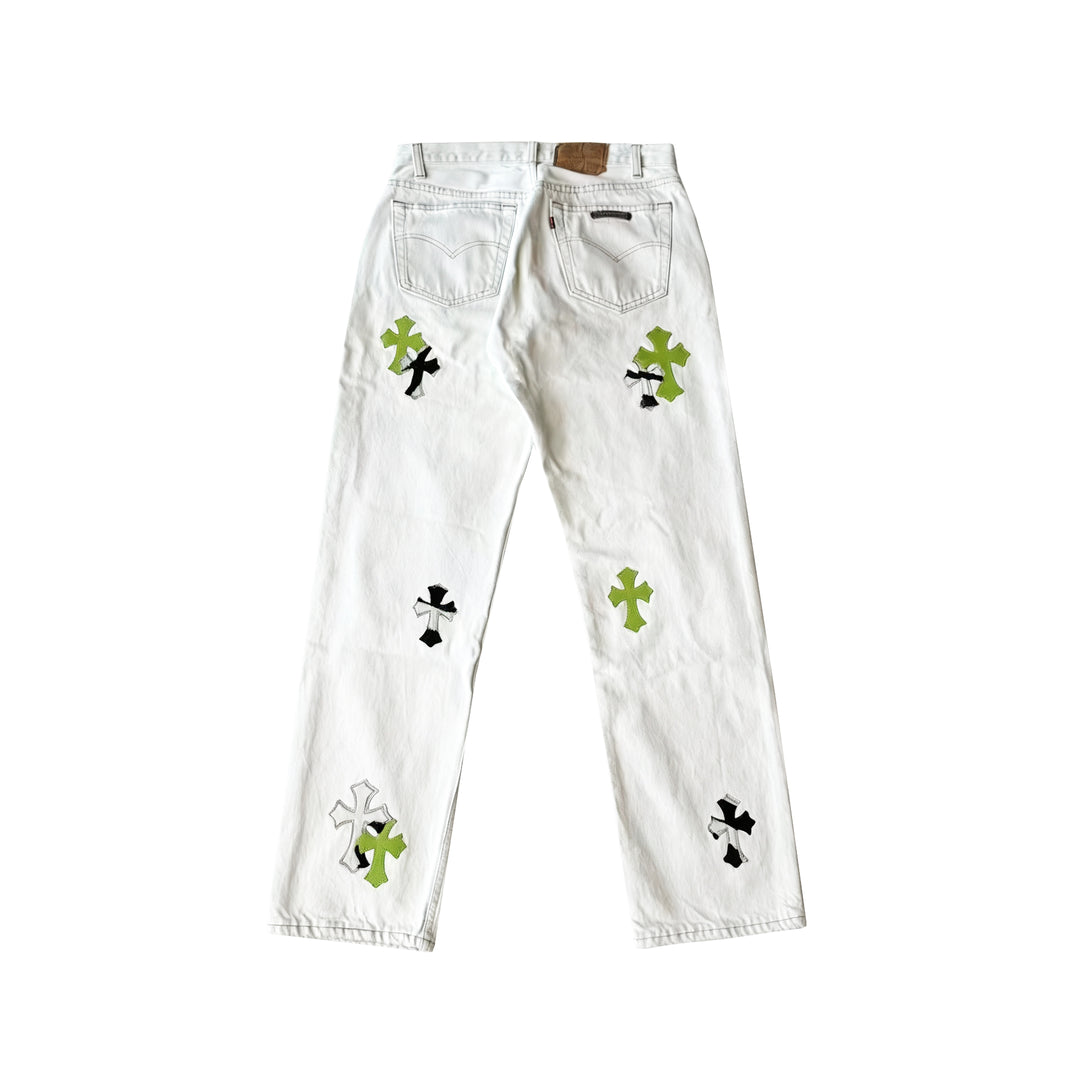 Chrome Hearts Levi's 501 Green&Zebra Cross Patch White Jeans