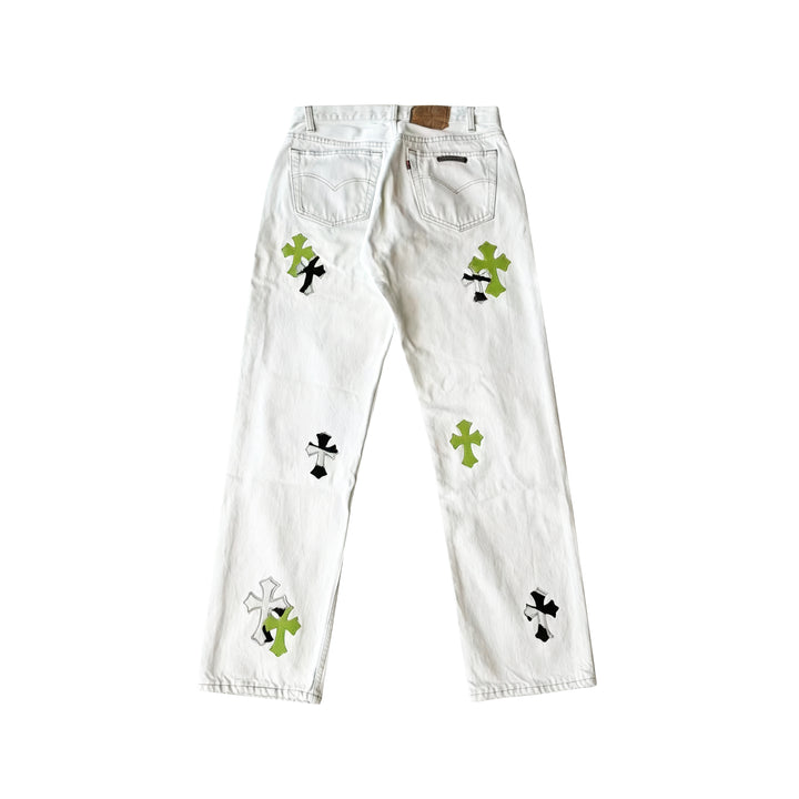 Chrome Hearts Levi's 501 Green&Zebra Cross Patch White Jeans