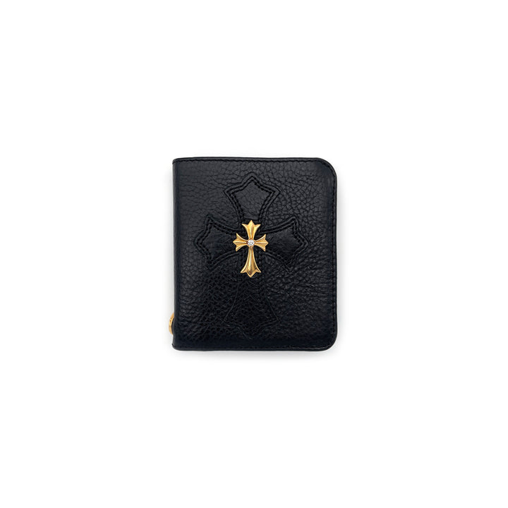 Chrome Hearts 22K Gold Diamond Cross Chain Black Leather Wallet