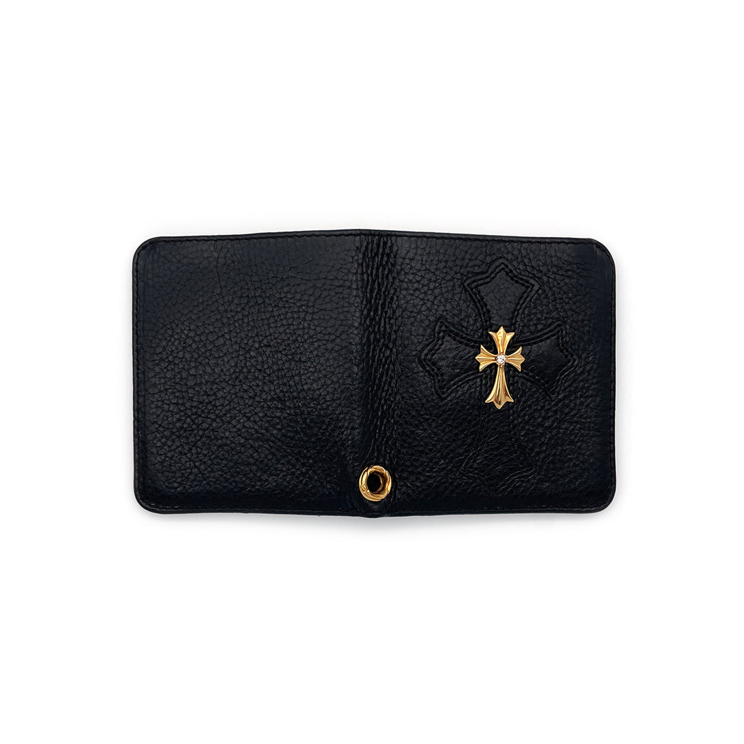 Chrome Hearts 22K Gold Diamond Cross Chain Black Leather Wallet