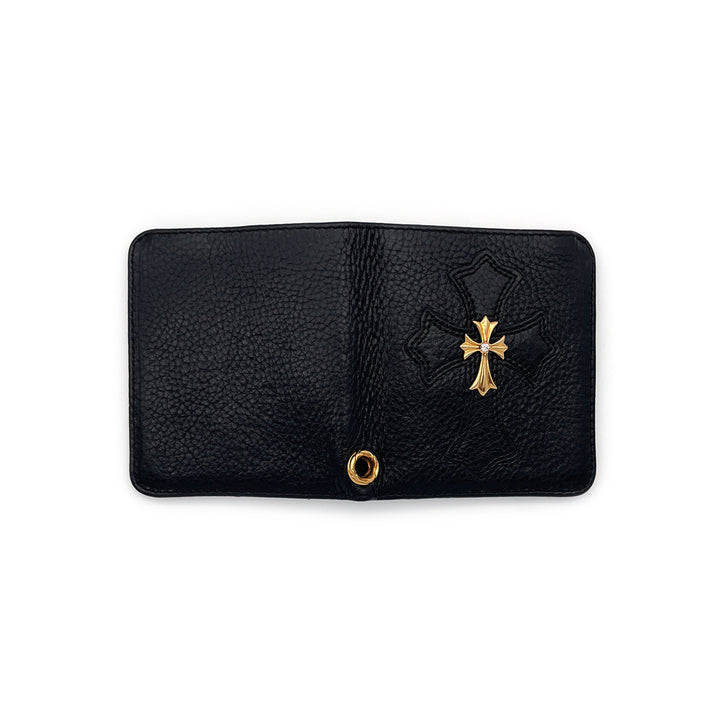 Chrome Hearts 22K Gold Diamond Cross Chain Black Leather Wallet