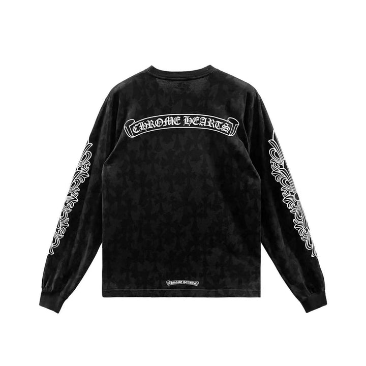 Chrome Hearts ブラック トーナル モノグラム スクロール ホースシュー ロゴ ロングスリーブ T シャツ