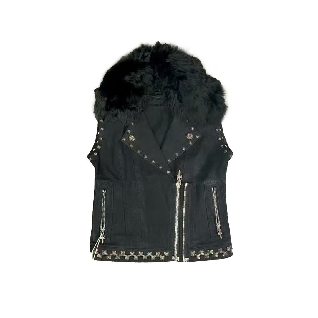 Chrome Hearts Studded Cross Patch Fur Collar Black Biker Vest