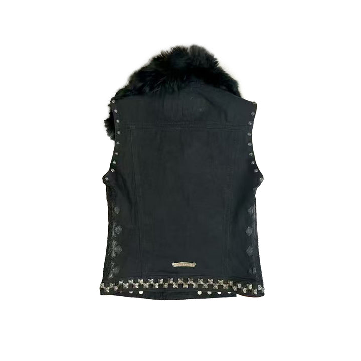 Chrome Hearts Studded Cross Patch Fur Collar Black Biker Vest
