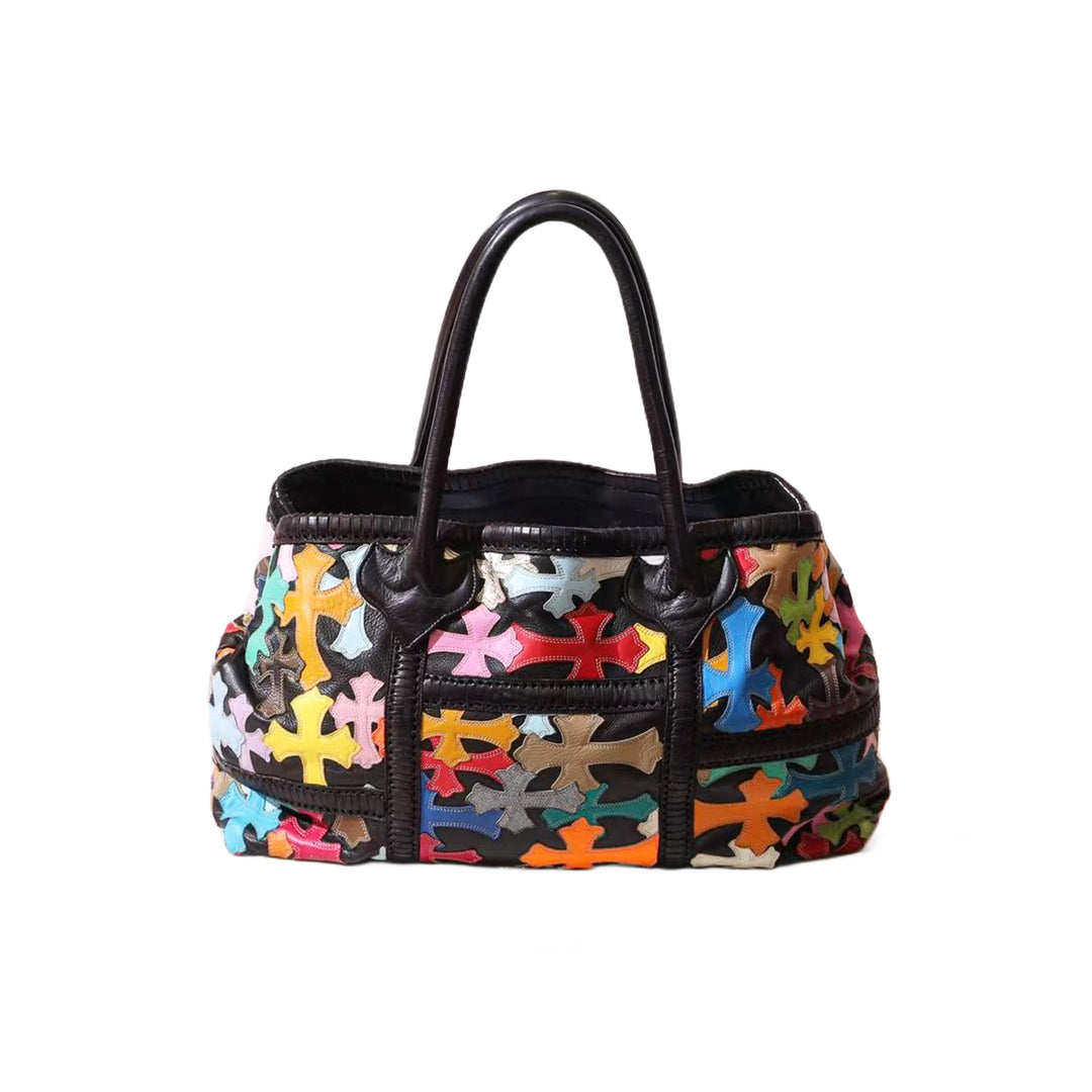 Chrome Hearts Silver Filigree Multicolor Cross Leather Patch Tote Bag