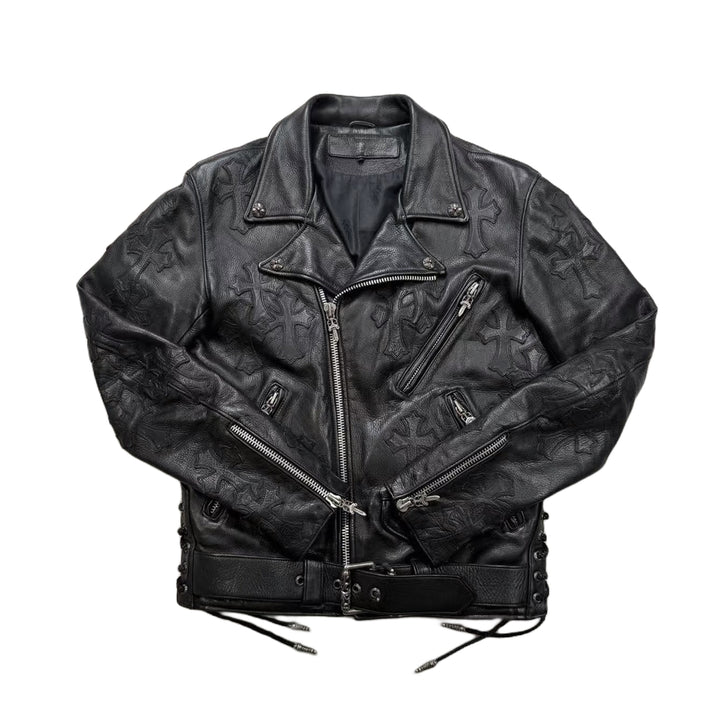 Chrome Hearts JJ Dean All Over Cross Patch Black Leather Biker Jacket