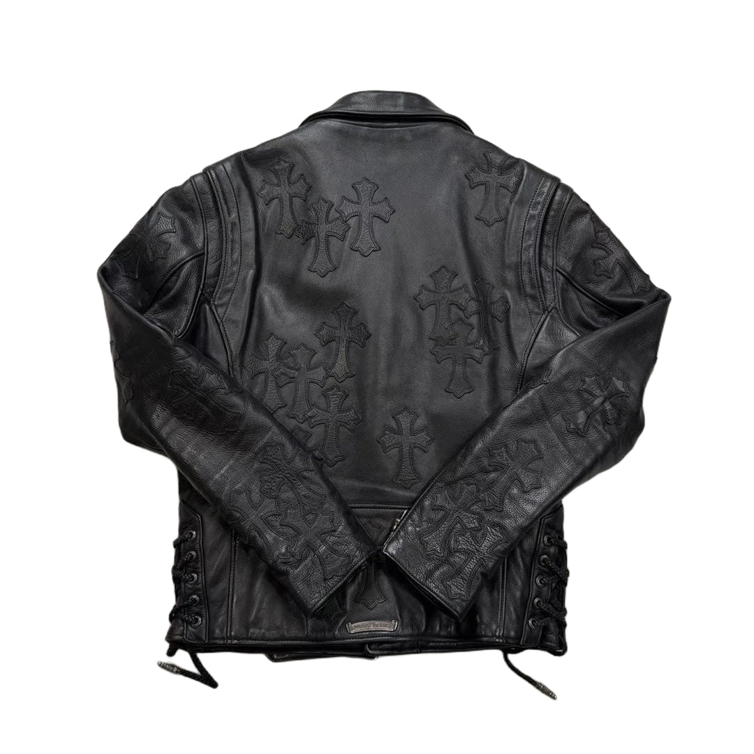 Chrome Hearts JJ Dean All Over Cross Patch Black Leather Biker Jacket