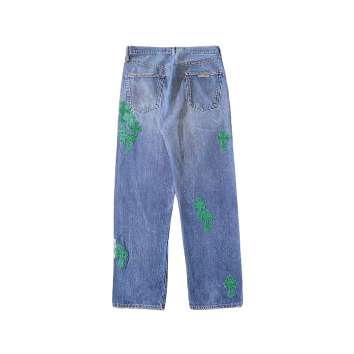Chrome Hearts Levi's 501 Green Crocodile Cross Leather Patch Denim Jeans