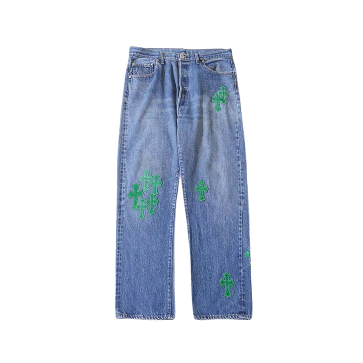 Chrome Hearts Levi's 501 Green Crocodile Cross Leather Patch Denim Jeans