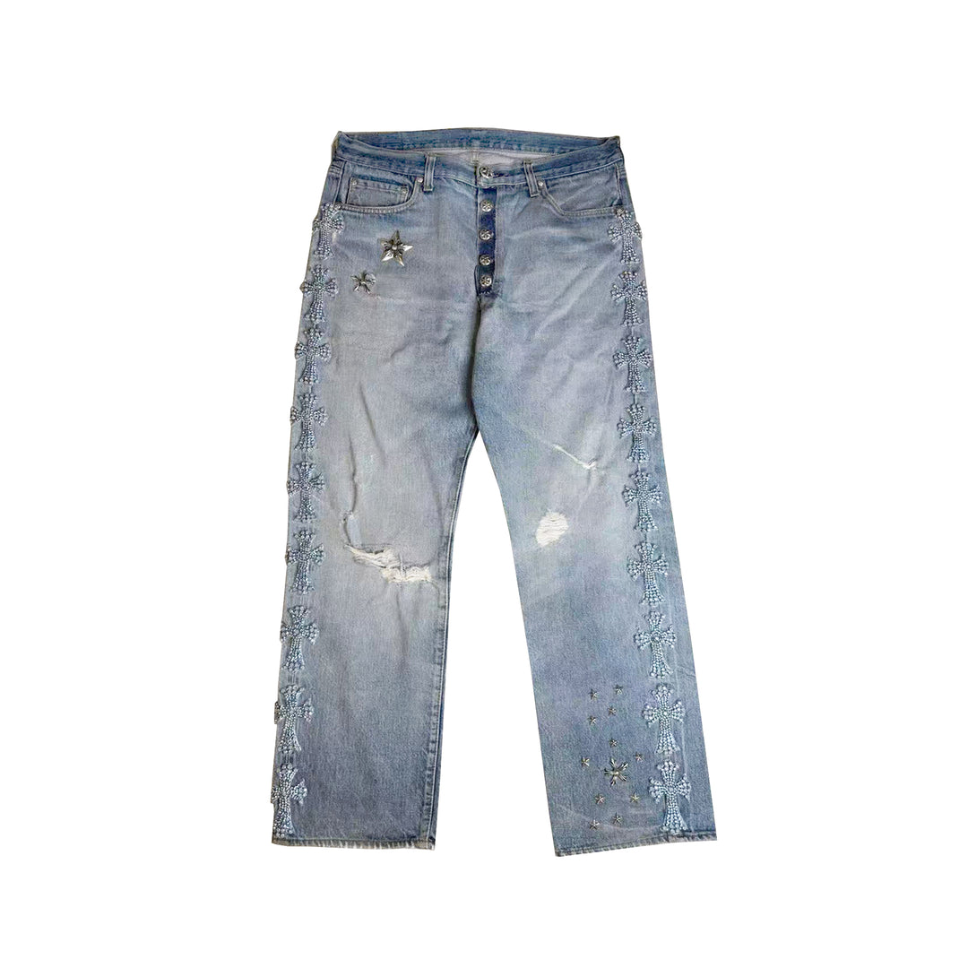Chrome Hearts Levi's 501 Cannes Exclusive Rhinestone Cross Distressed Denim Jeans