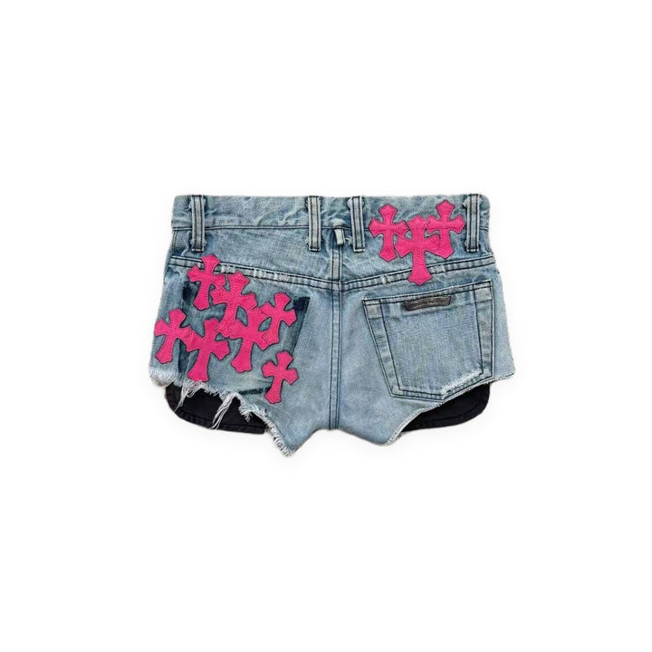 Chrome Hearts Pink Cross Leather Patch Distressed Denim Shorts