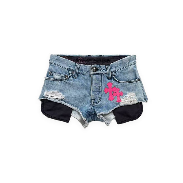 Chrome Hearts Pink Cross Leather Patch Distressed Denim Shorts