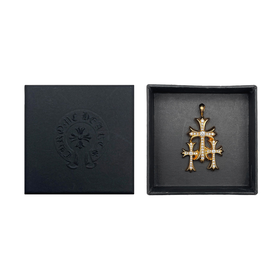 Chrome Hearts 22K Gold Triple Cross Diamonds Charm Pendant