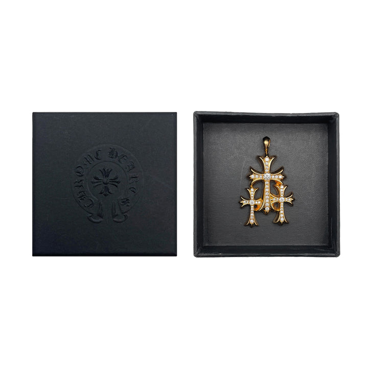 Chrome Hearts 22K Gold Triple Cross Diamonds Charm Pendant