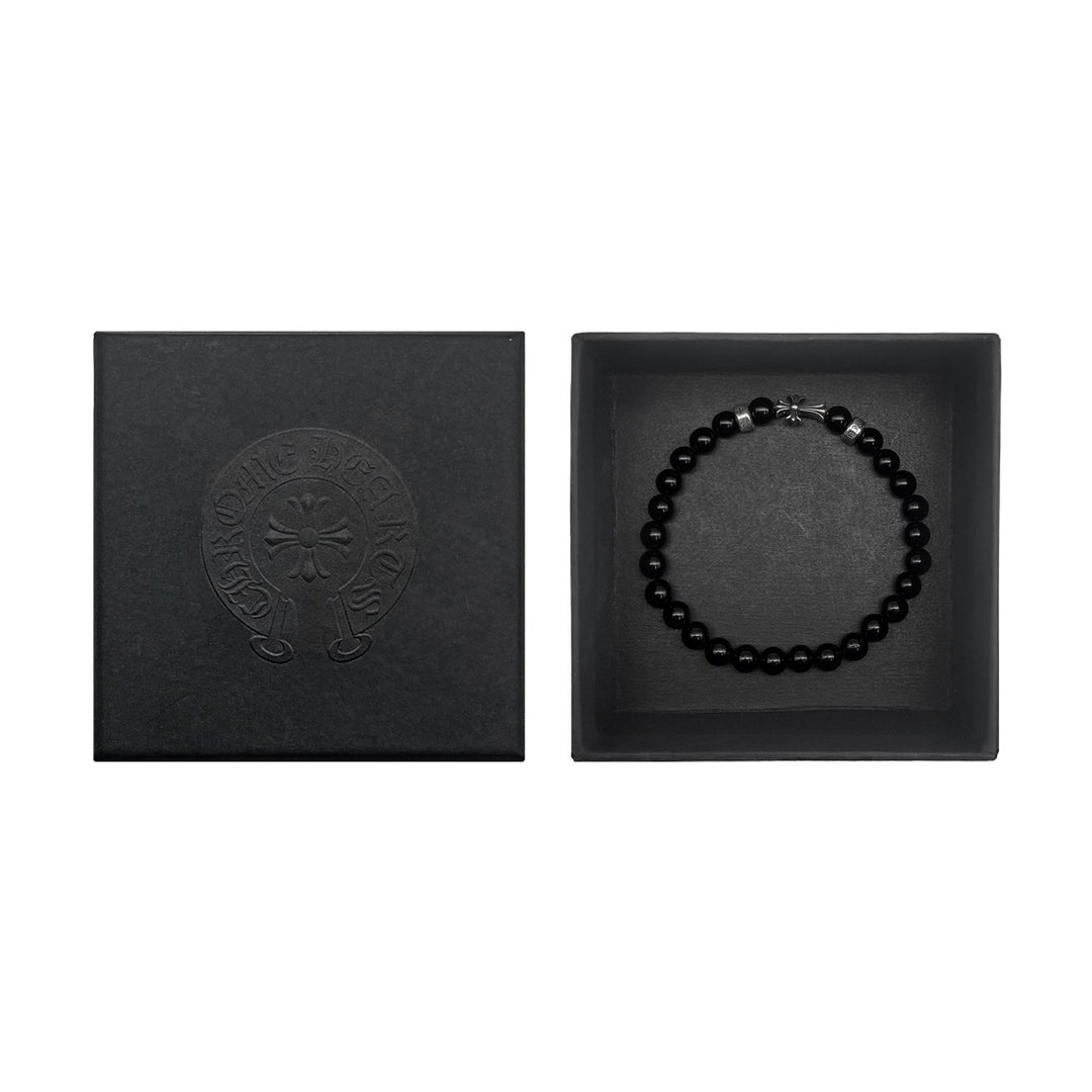 Chrome Hearts 6mm Obsidian 3 Silver Cross Bracelet