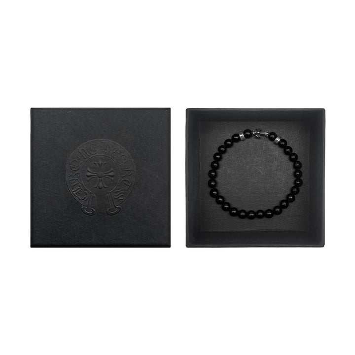 Chrome Hearts 6mm Obsidian 3 Silver Cross Bracelet