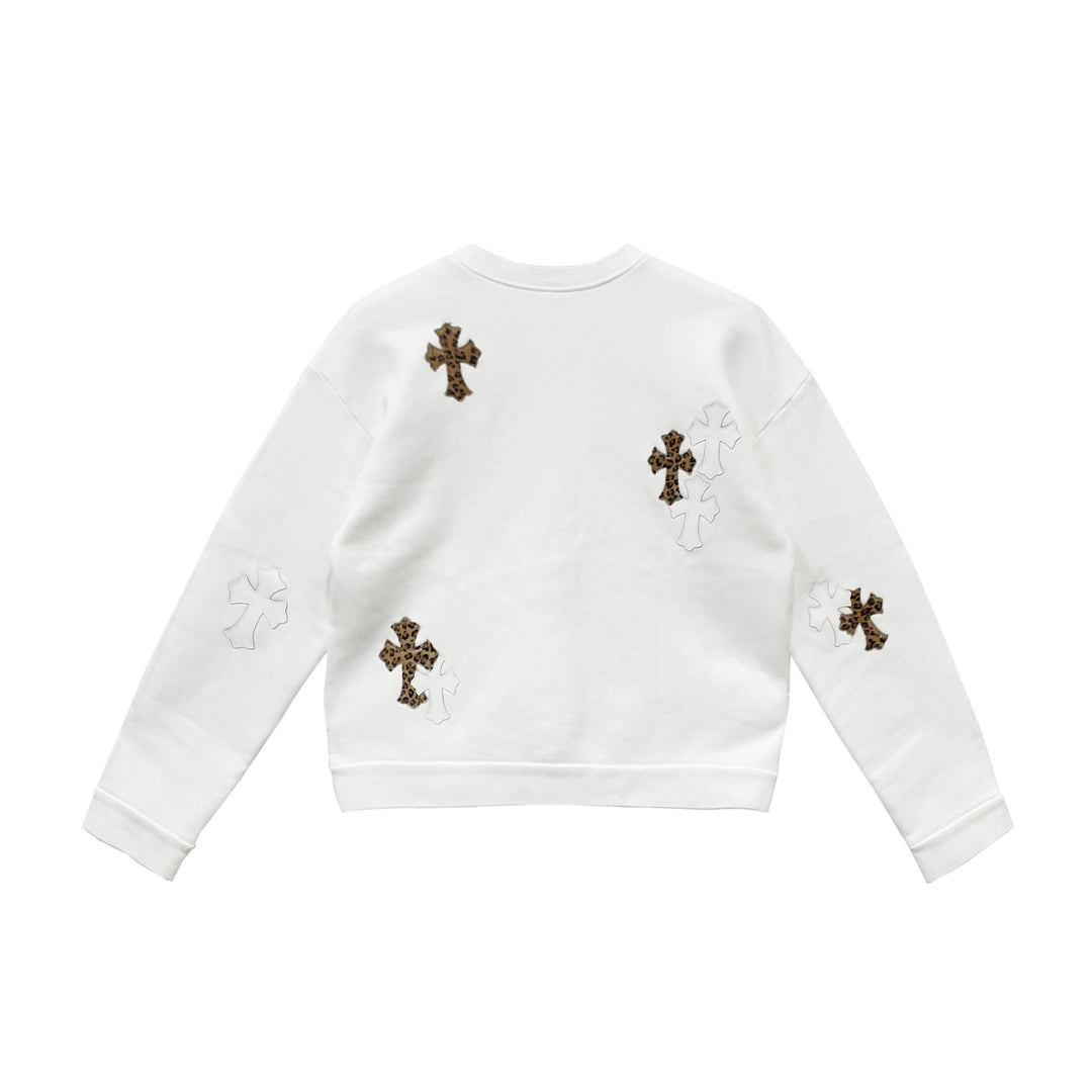 Chrome Hearts White&Leopard Cross Patch Crewneck Sweatshirt