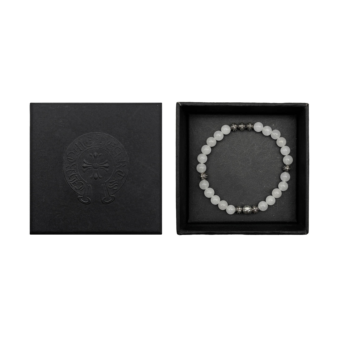 Chrome Hearts 6mm White Beaded 8 Silver Cross Ball Bracelet