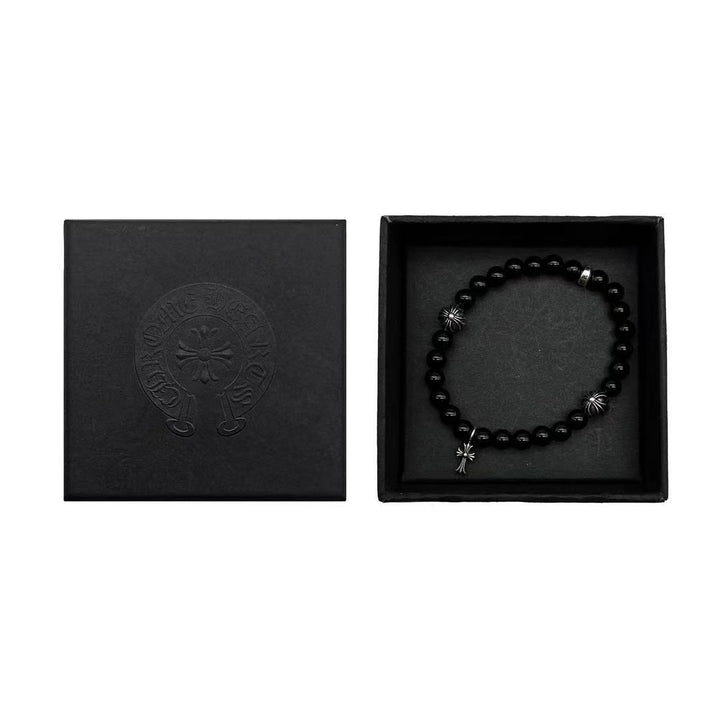 Chrome Hearts 6mm Obsidian Silver Cross Beaded Bracelet