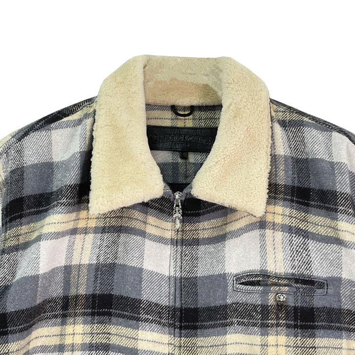 Chrome Hearts Plaid Flannel Fur Collar Zip Up Jacket