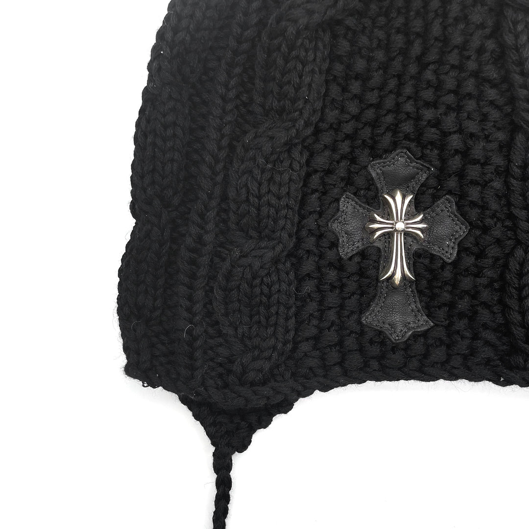 Chrome Hearts Silver Cross Leather Patch Cashmere Beanie