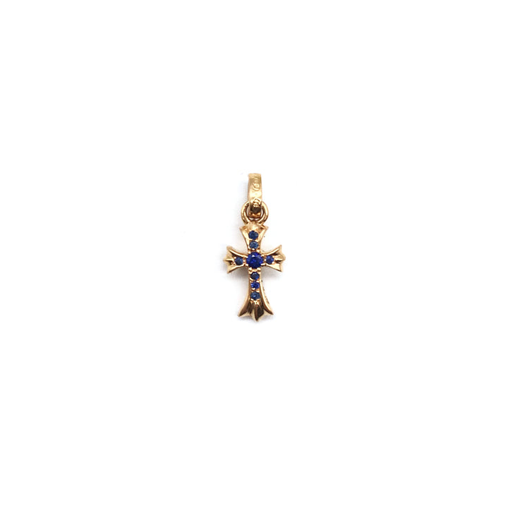 Chrome Hearts 22K Gold Blue Saph Babyfat Cross Charm Pendant