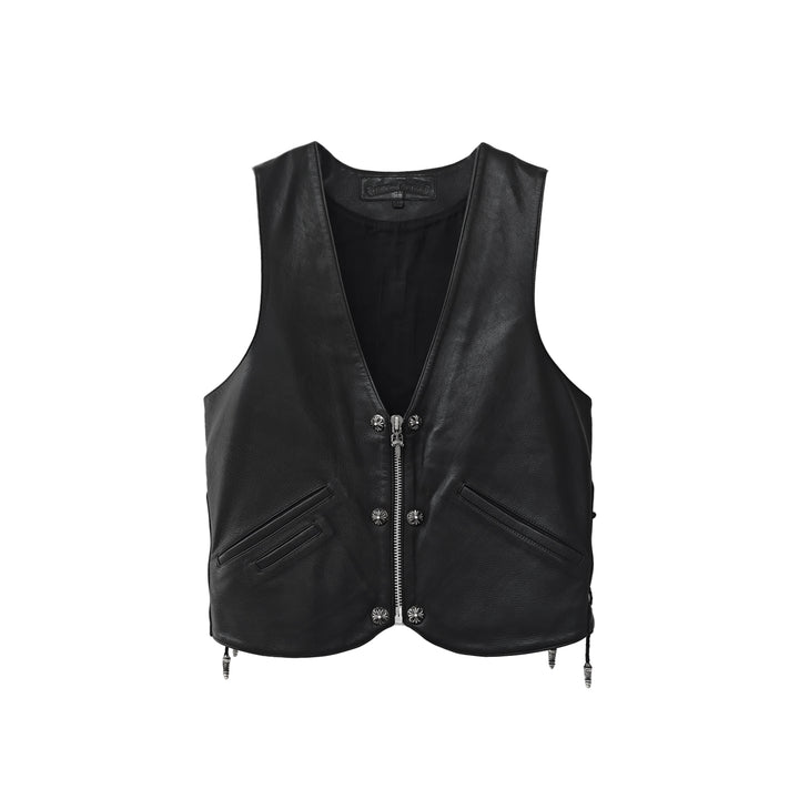 Chrome Hearts Silver Cross Leather Patch Drawstring Black Vest