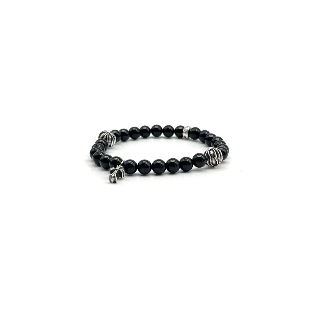 Chrome Hearts 6mm Obsidian Silver Cross Beaded Bracelet