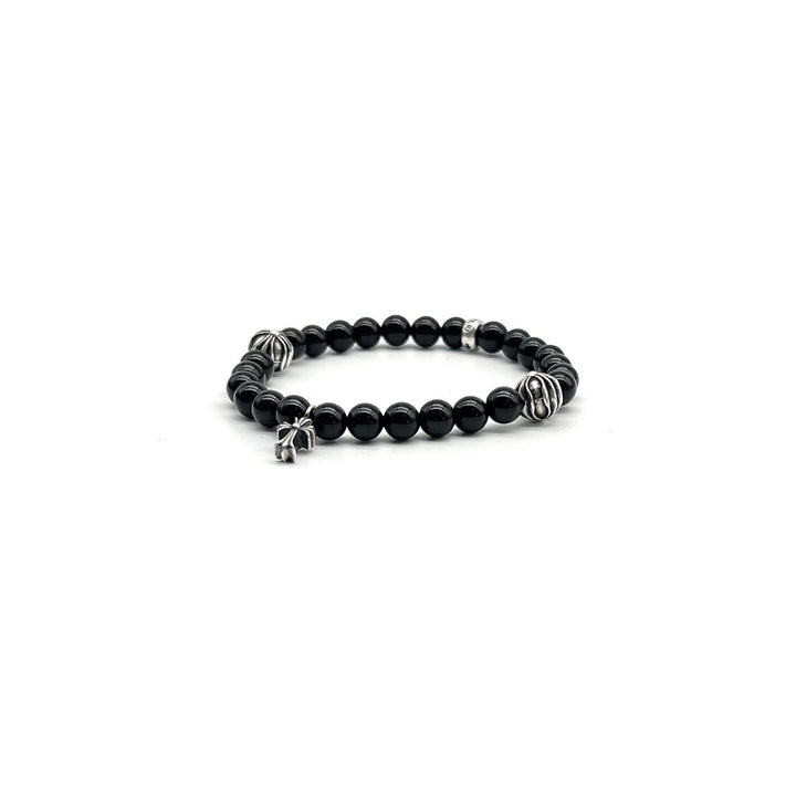 Chrome Hearts 6mm Obsidian Silver Cross Beaded Bracelet