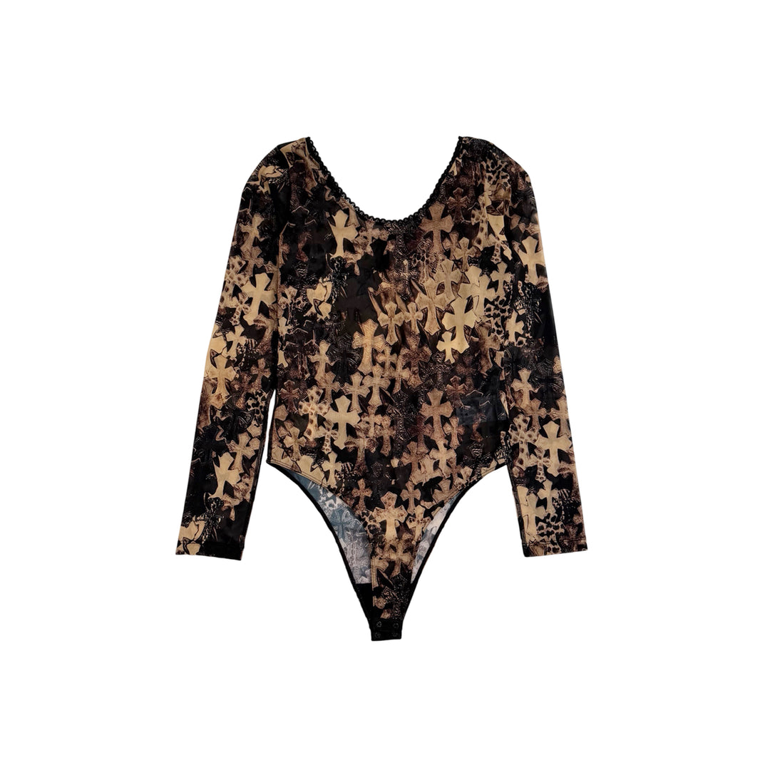 Chrome Hearts All Over Cross Print Mesh Long Sleeve Bodysuit