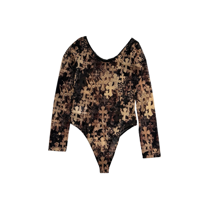 Chrome Hearts All Over Cross Print Mesh Long Sleeve Bodysuit