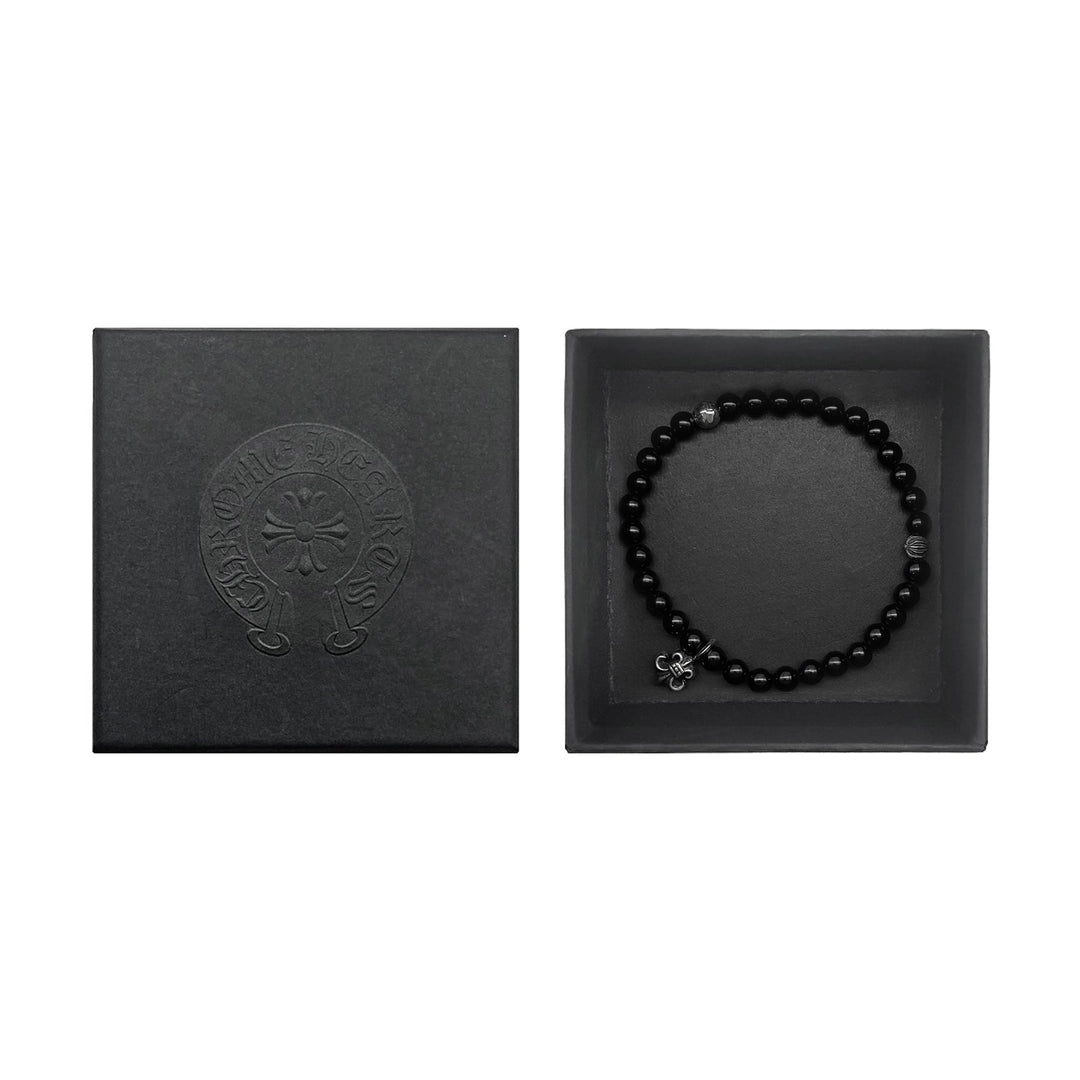 Chrome Hearts 6mm Obsidian Silver Fleur Pendant Beaded Bracelet