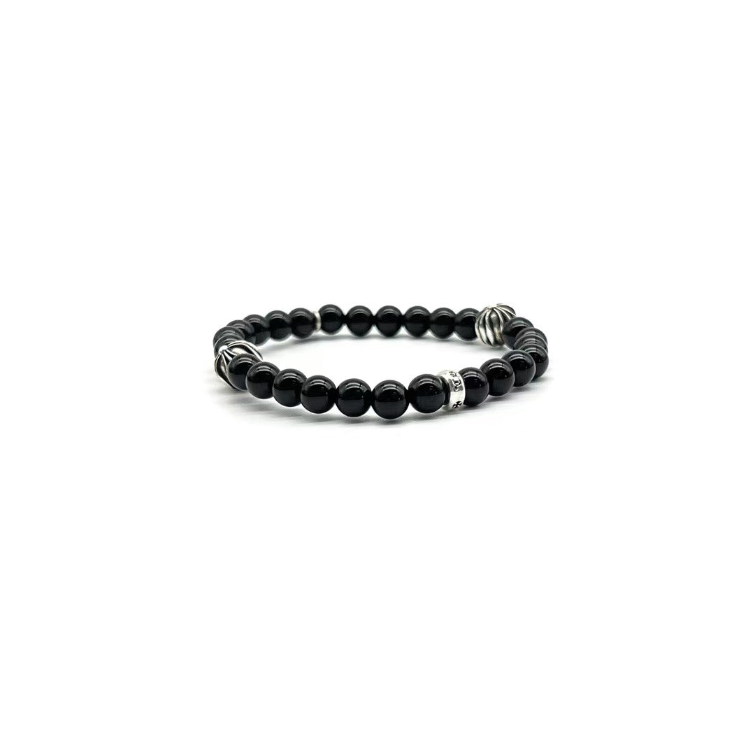 Chrome Hearts 6mm Obsidian Silver Cross Beaded Bracelet