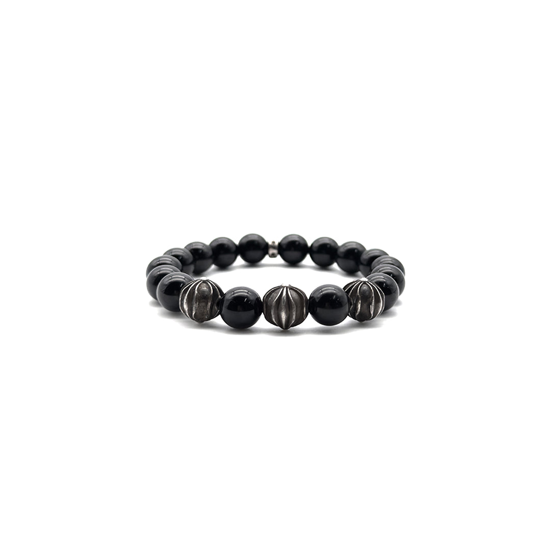 Chrome Hearts 10mm Black Obsidian 4 Silver Beaded Bracelet