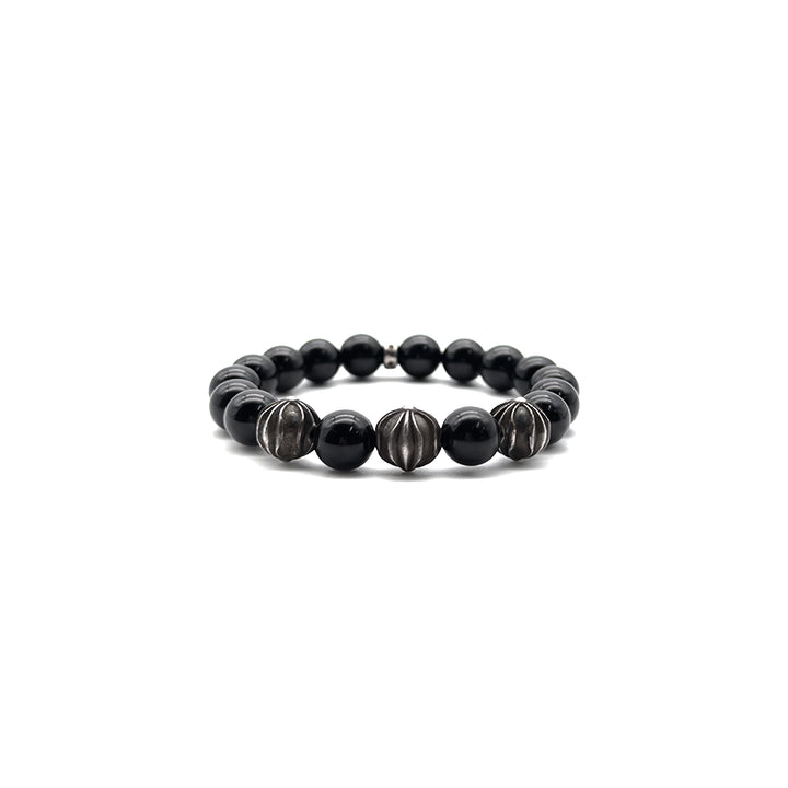 Chrome Hearts 10mm Black Obsidian 4 Silver Beaded Bracelet