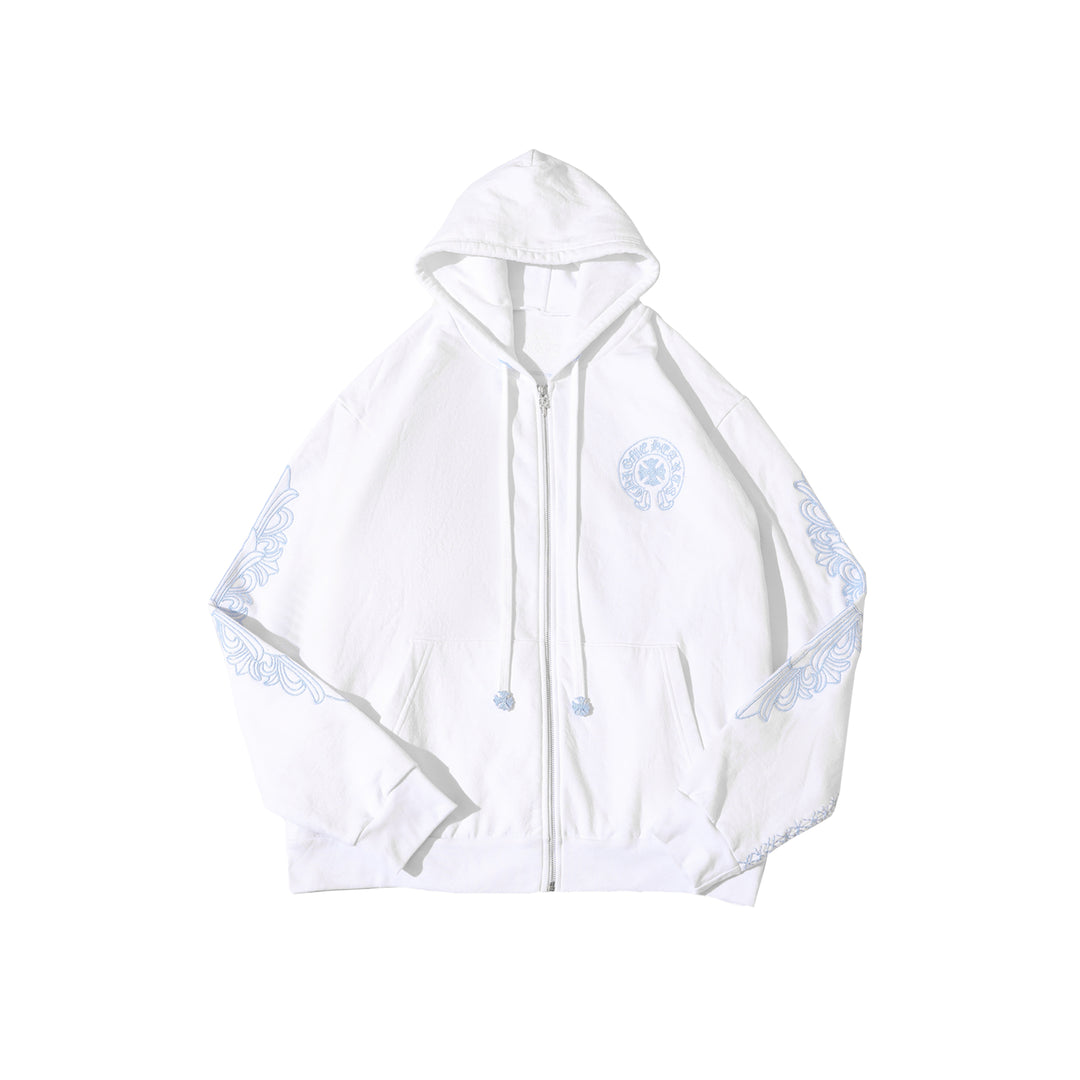 Chrome Hearts Beaded Horseshoe Logo White Zip Up Hoodie