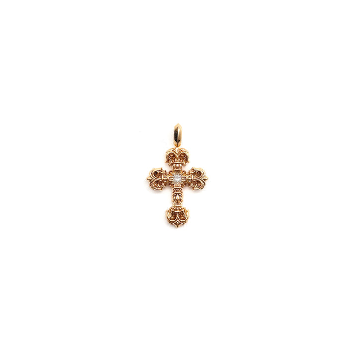 Chrome Hearts 22K Gold Single Diamond Filigree Cross Pendant