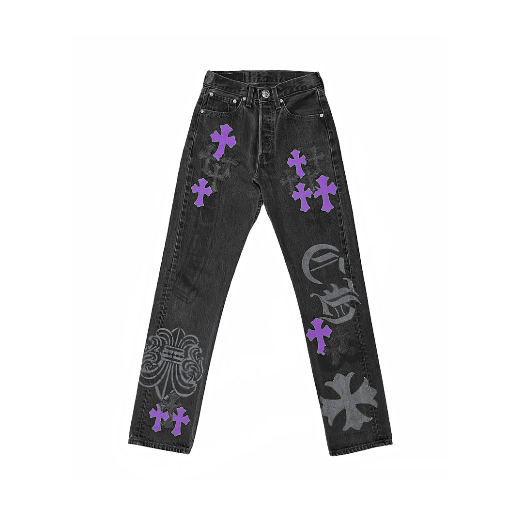 Chrome Hearts Levi's 501 Black&Purple Cross Patch Dark Grey Jeans