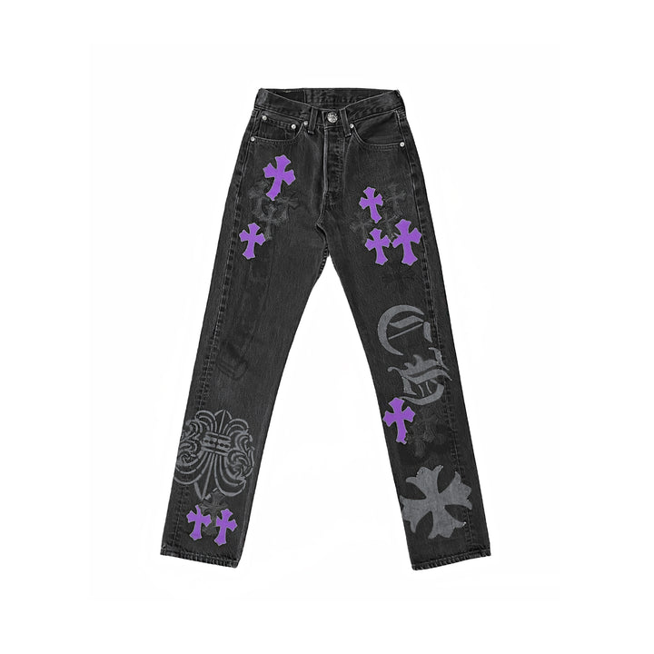 Chrome Hearts Levi's 501 Black&Purple Cross Patch Dark Grey Jeans