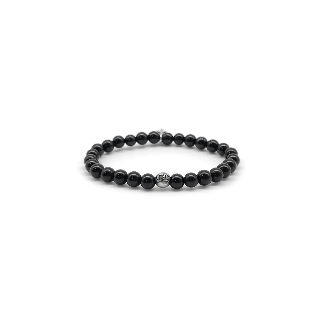 Chrome Hearts 6mm Obsidian Silver Dagger Pendant Beaded Bracelet
