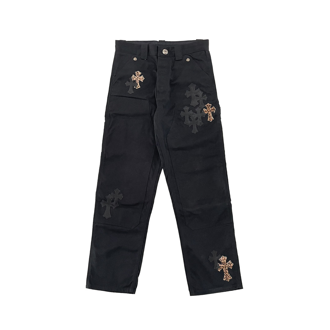 Chrome Hearts Leopard Black Cross Leather Patch Jeans
