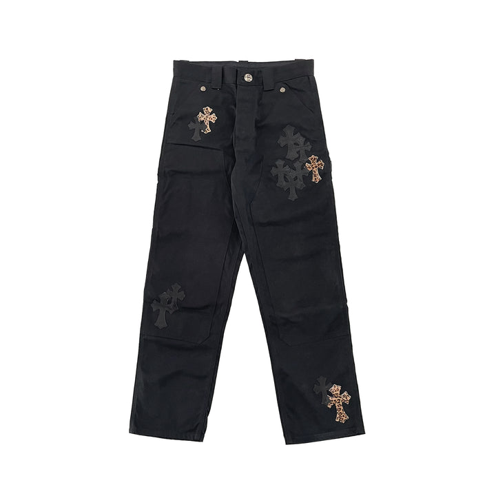 Chrome Hearts Leopard Black Cross Leather Patch Jeans