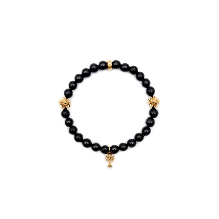 Chrome Hearts 6mm Obsidian 22K Gold Cross Beaded Bracelet