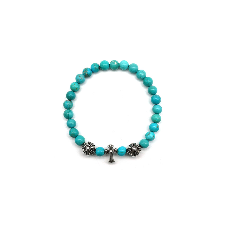 Chrome Hearts 6mm Turquoise 3 Silver Beaded Cross Bracelet