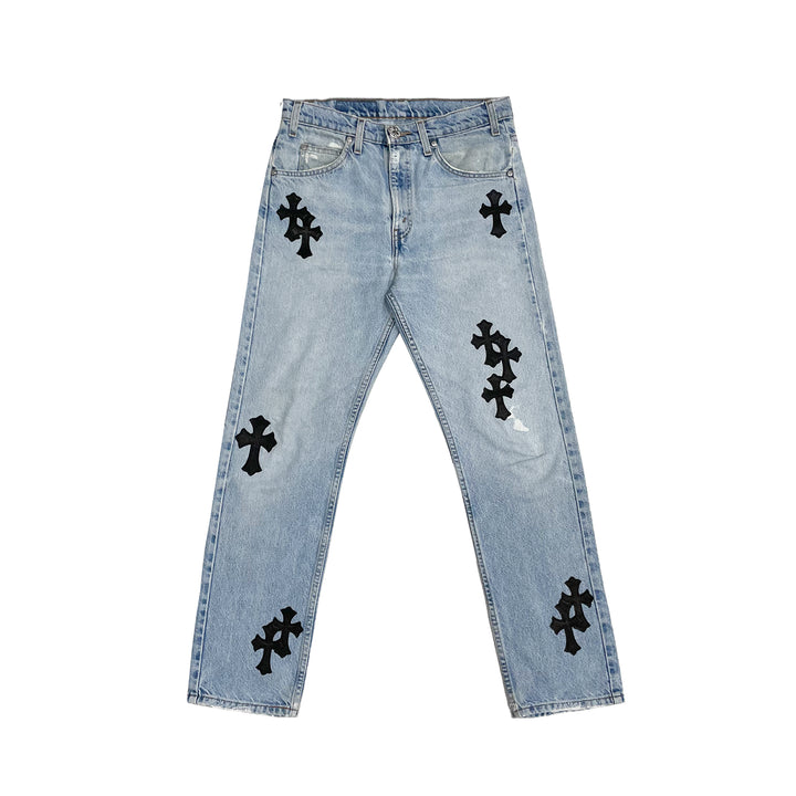 Chrome Hearts Levi's 505 Black Cross Patch Light Blue Jeans