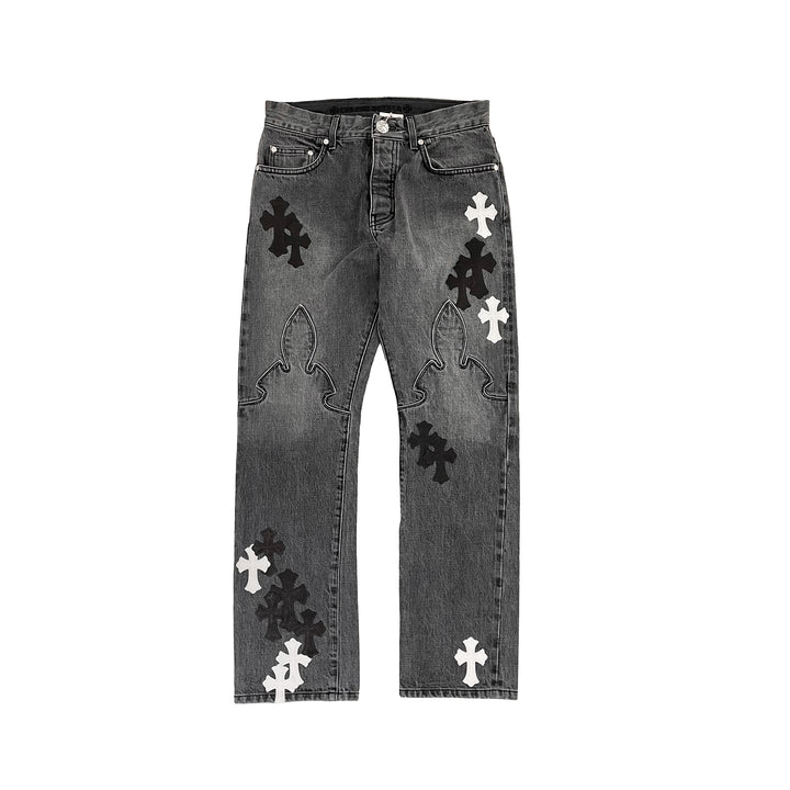 Chrome Hearts Black & White Cross Patch Flame Knee Jeans